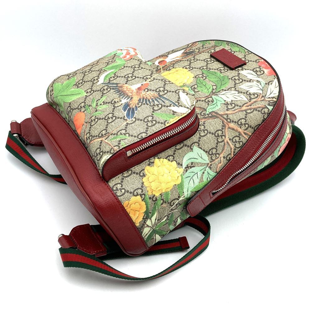 Gucci 2016 Spring/Summer Tian 427042 Backpack/Daypack, Bird and Flower Design, Multicolor, Green/Yellow/Red, GG Supreme Canvas/Leather