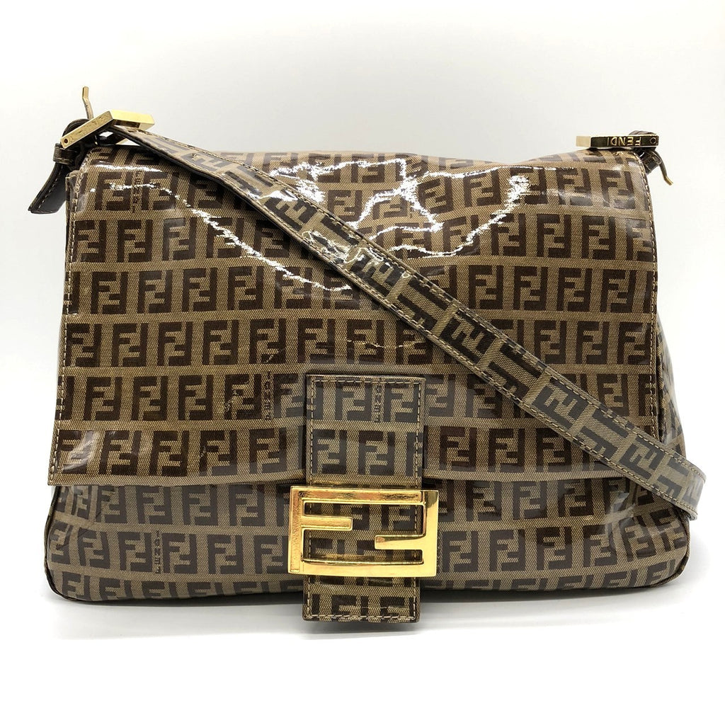 Fendi Mamma Baguette Shoulder Bag in Brown Nylon/Leather with Zucchino Print