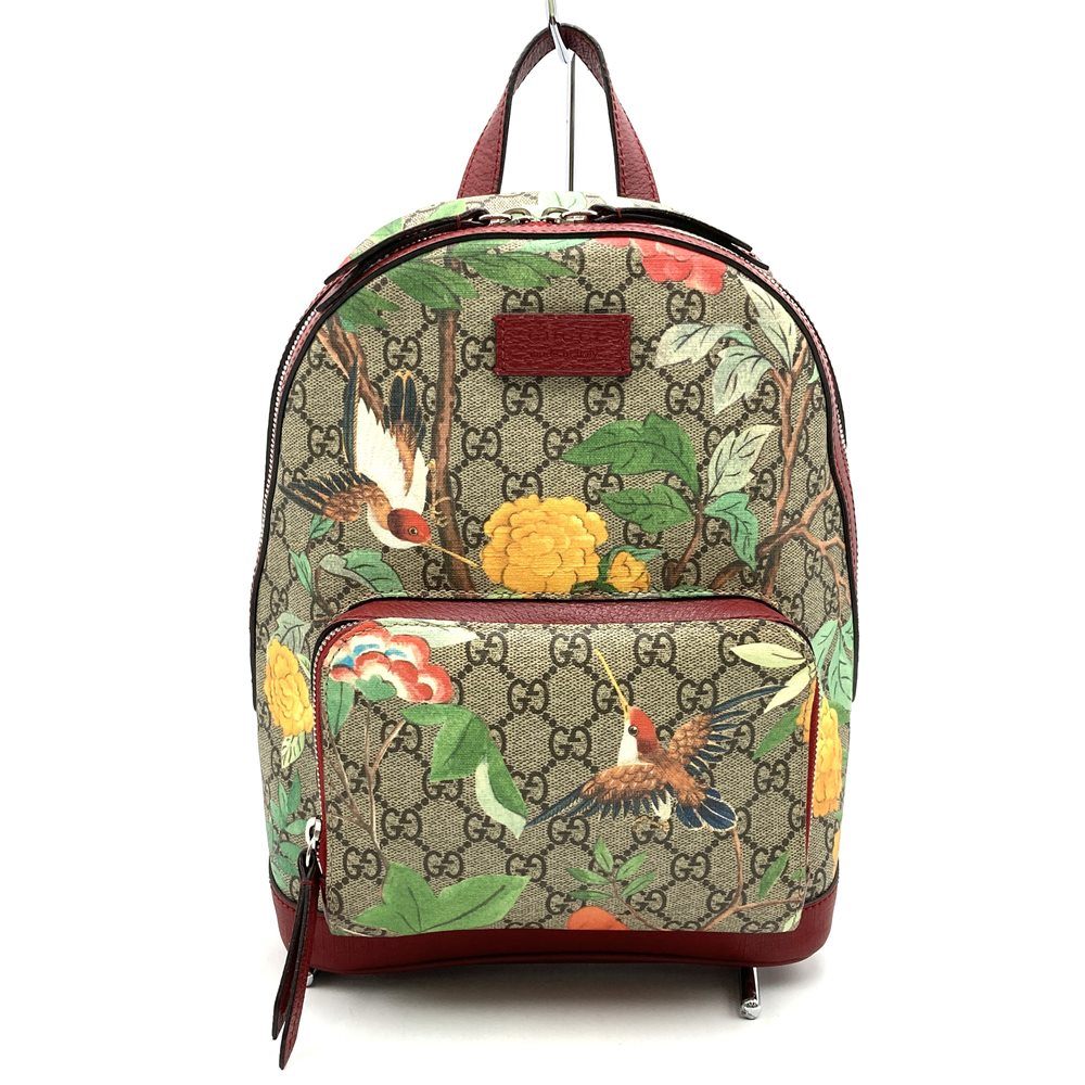 Gucci 2016 Spring/Summer Tian 427042 Backpack/Daypack, Bird and Flower Design, Multicolor, Green/Yellow/Red, GG Supreme Canvas/Leather