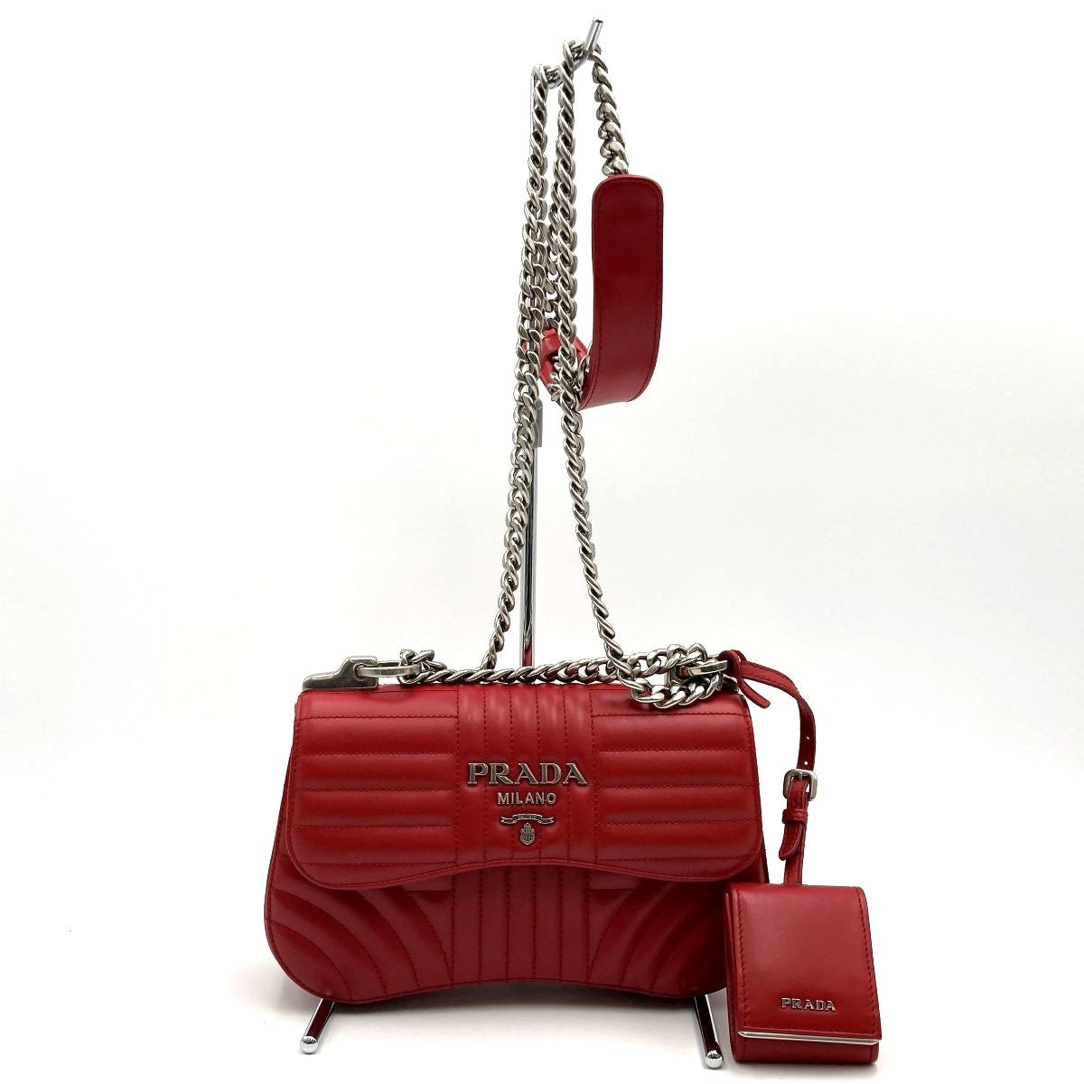 Prada Diagram Chain Shoulder Bag in Red Leather with Mini Pouch (Mirror)
