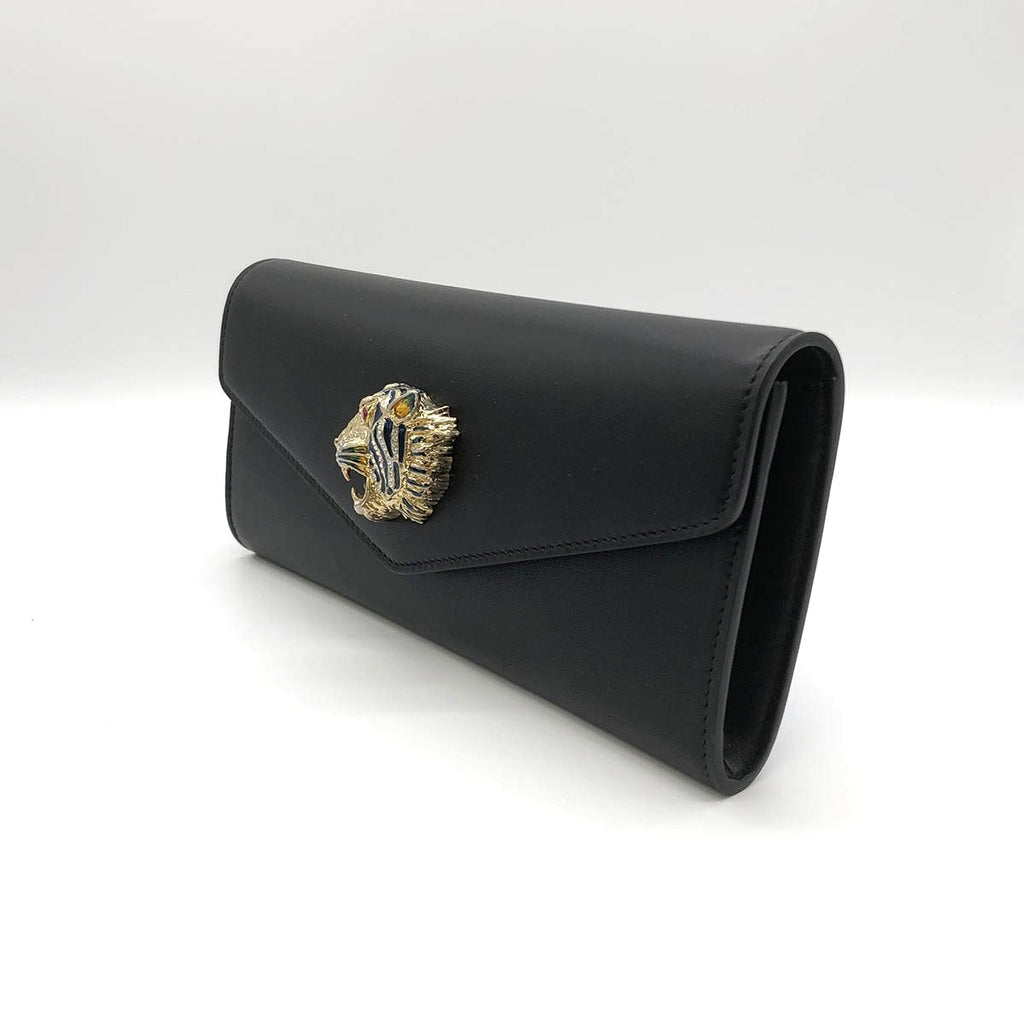 Gucci 576532 Raja Broadway Tiger Leather Clutch Bag in Black and Gold