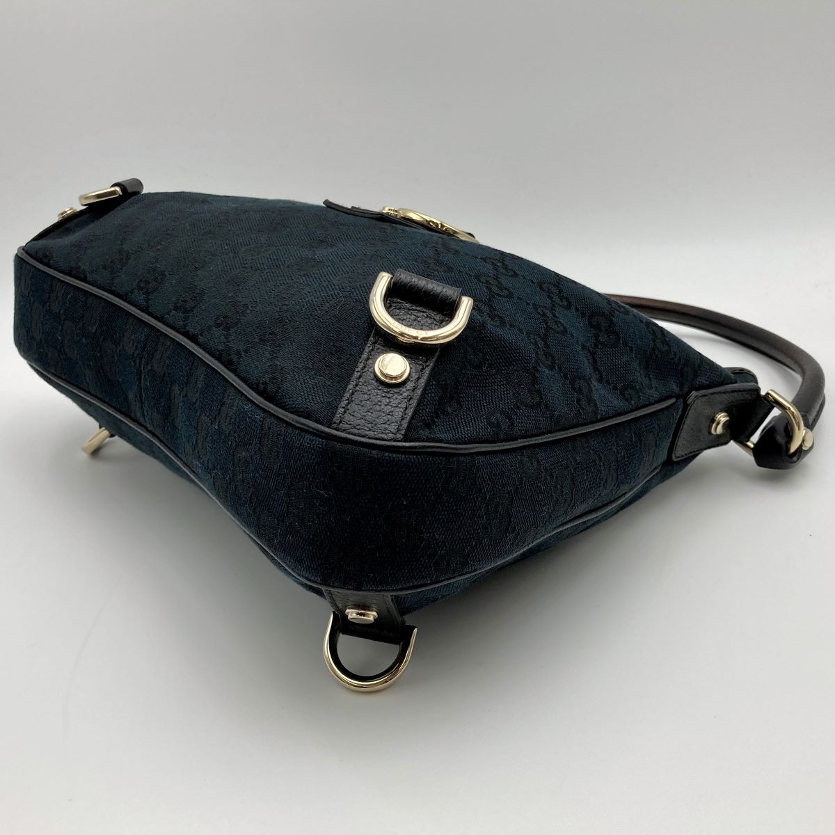 Gucci 130733 Abbey Line GG Canvas Shoulder Bag in Black Canvas and Leather