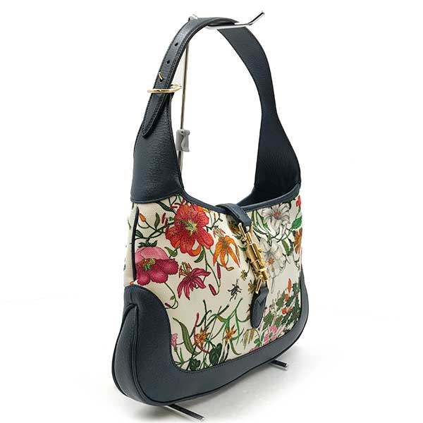 Gucci New Jackie Flora 550152 Shoulder Bag, One-Handle Canvas, Navy, Floral Print