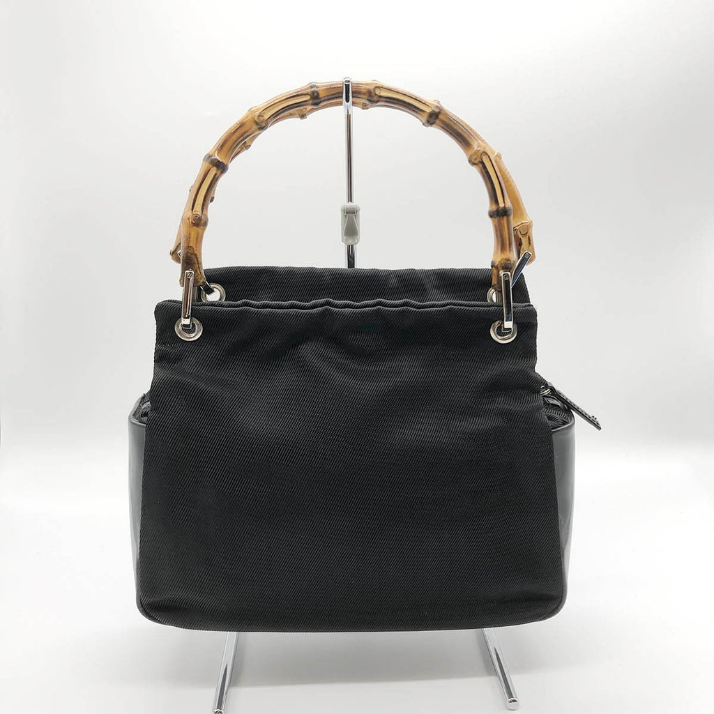 Gucci 0001014 Handbag Bamboo Old Gucci Nylon Leather Black