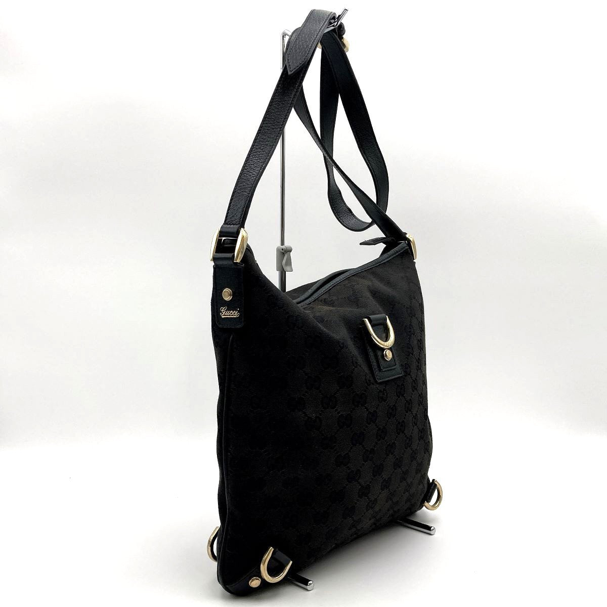 Gucci 131326 Crossbody Shoulder Bag, GG Canvas and Leather, Abbey Line, Thin, Square, Black