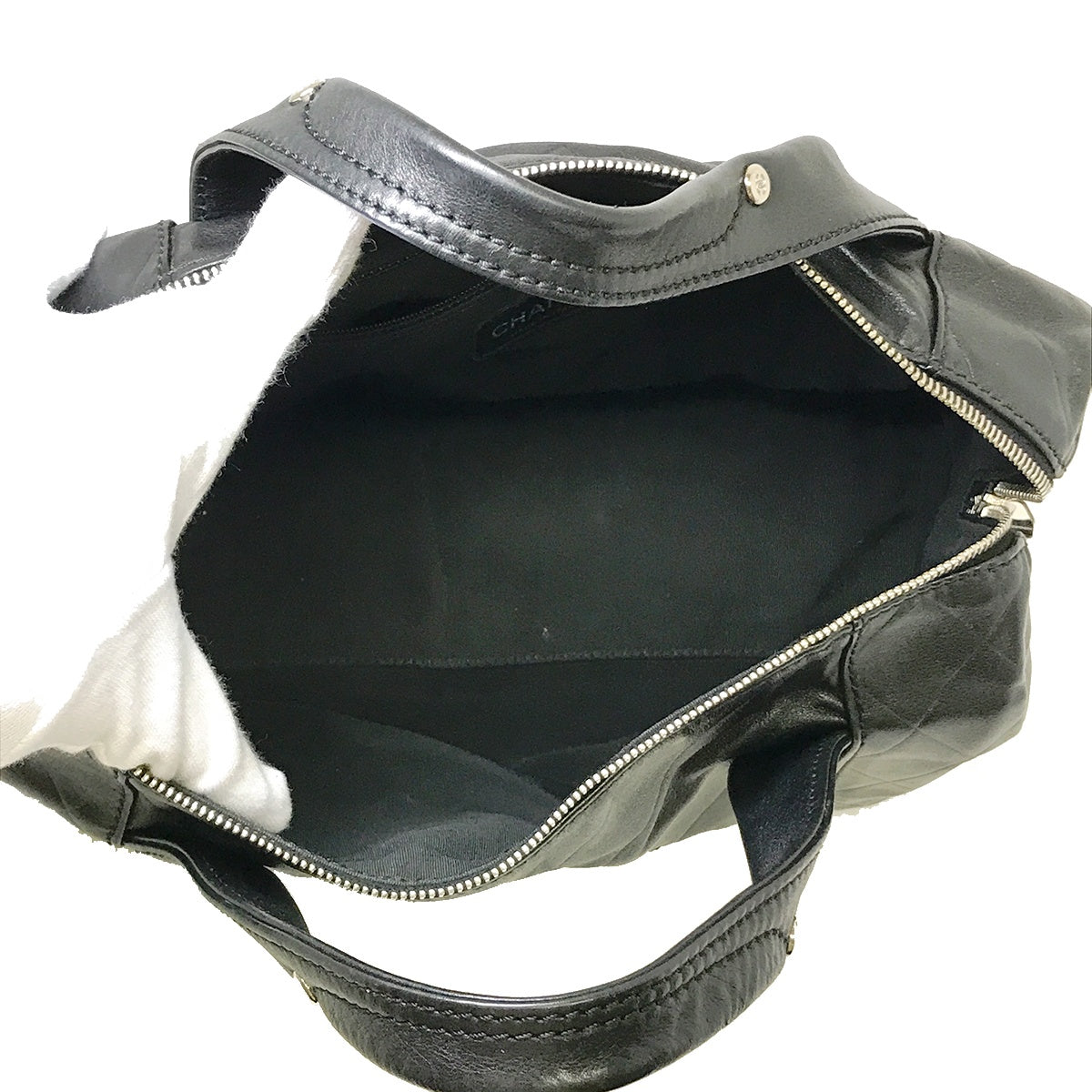 Used Chanel Mini Boston Handbag with Chevron and Coco Mark in Black Leather