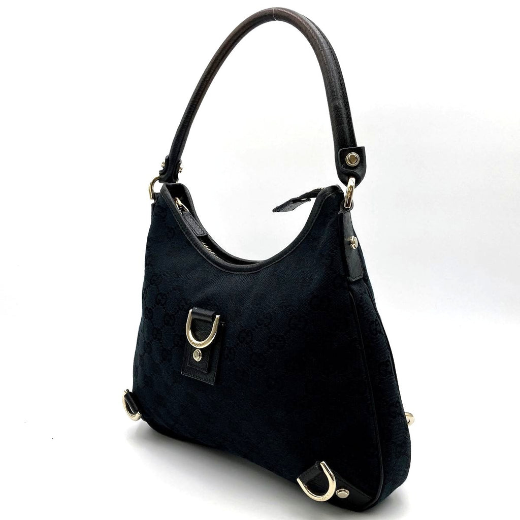 Gucci 130733 Abbey Line GG Canvas Shoulder Bag in Black Canvas and Leather
