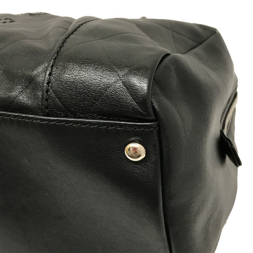 Used Chanel Mini Boston Handbag with Chevron and Coco Mark in Black Leather