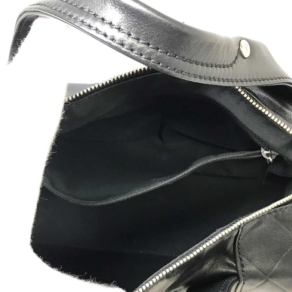 Used Chanel Mini Boston Handbag with Chevron and Coco Mark in Black Leather