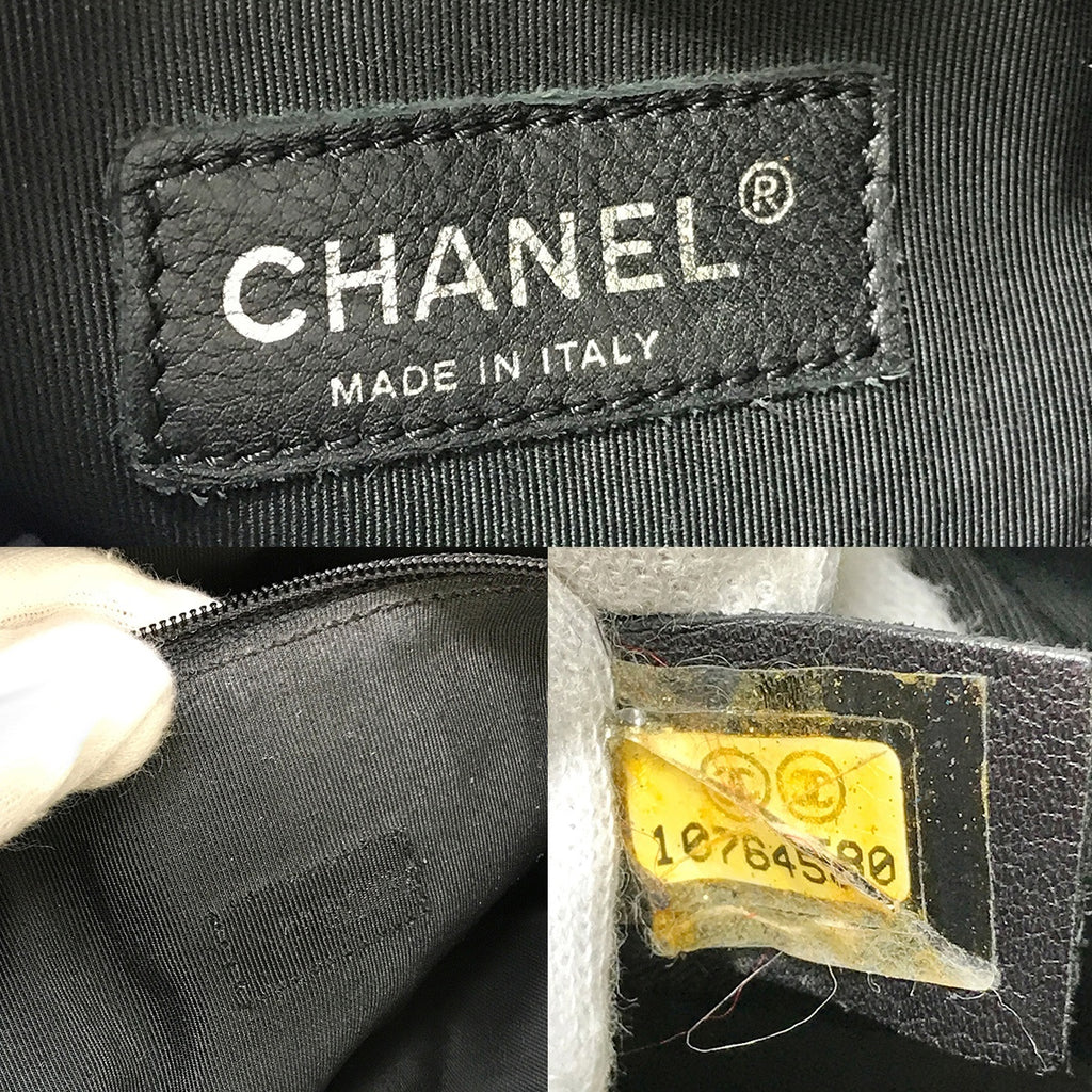 Used Chanel Mini Boston Handbag with Chevron and Coco Mark in Black Leather