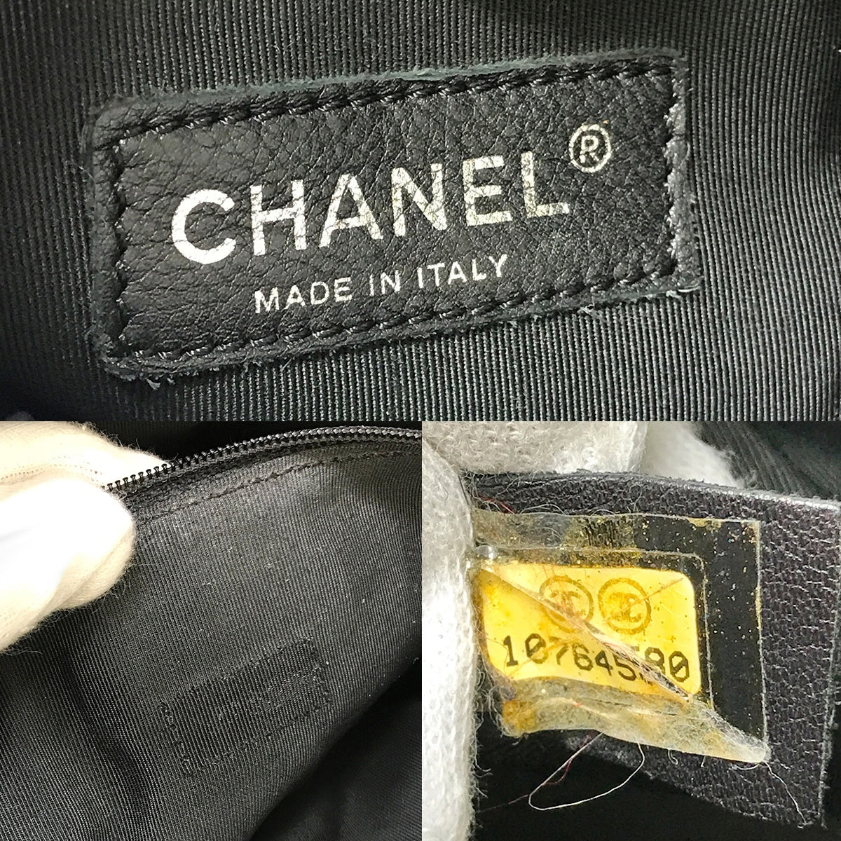 Used Chanel Mini Boston Handbag with Chevron and Coco Mark in Black Leather
