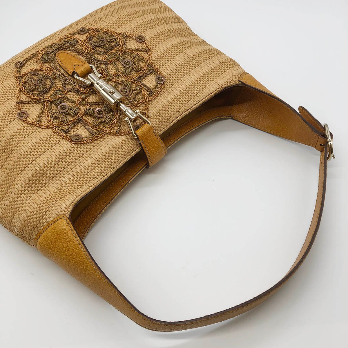 Gucci 140040 New Jackie One-Shoulder Bag, Embroidered Straw Leather, Yellow, Beige, Orange