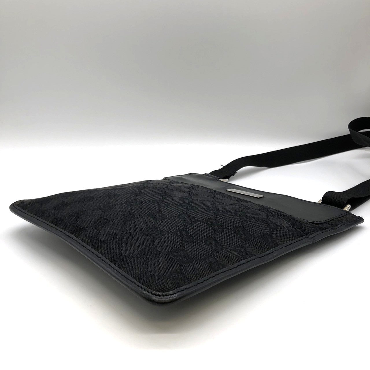 Gucci 27639 Slim Shoulder Bag, Crossbody, Black GG Canvas/Leather