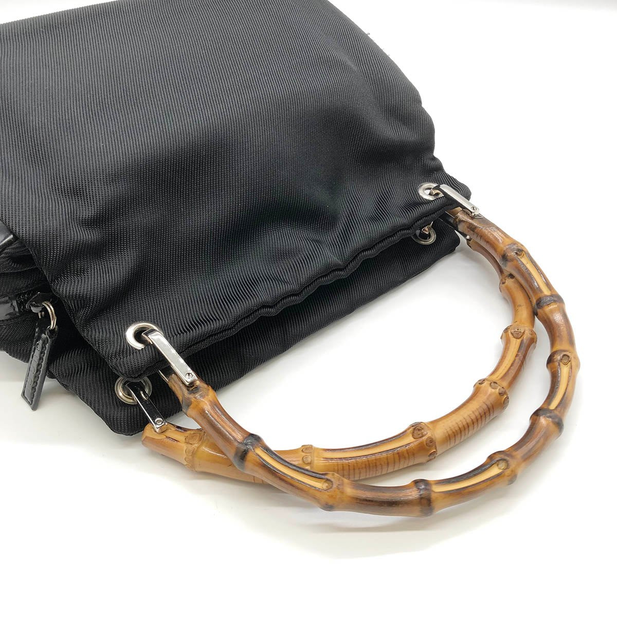 Gucci 0001014 Handbag Bamboo Old Gucci Nylon Leather Black