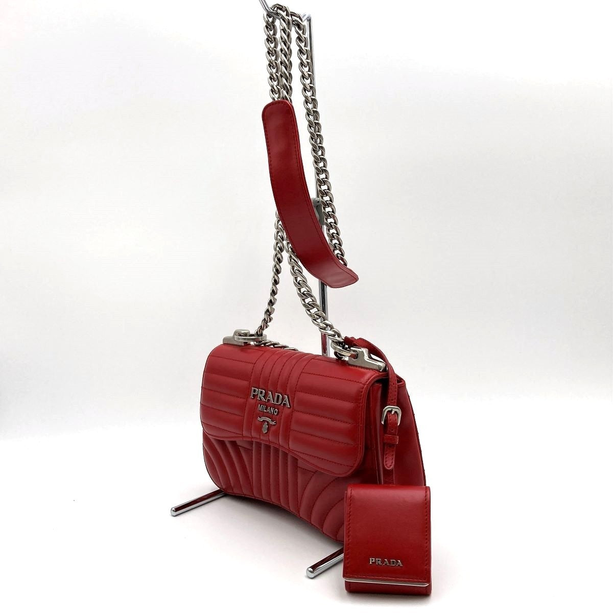 Prada Diagram Chain Shoulder Bag in Red Leather with Mini Pouch (Mirror)