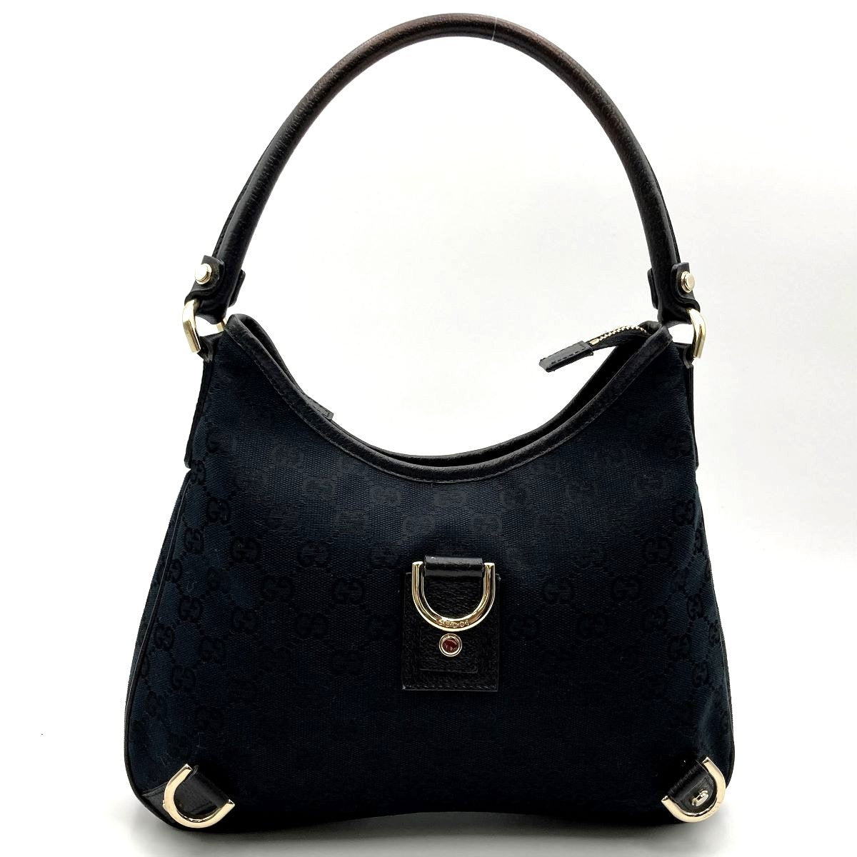Gucci 130733 Abbey Line GG Canvas Shoulder Bag in Black Canvas and Leather
