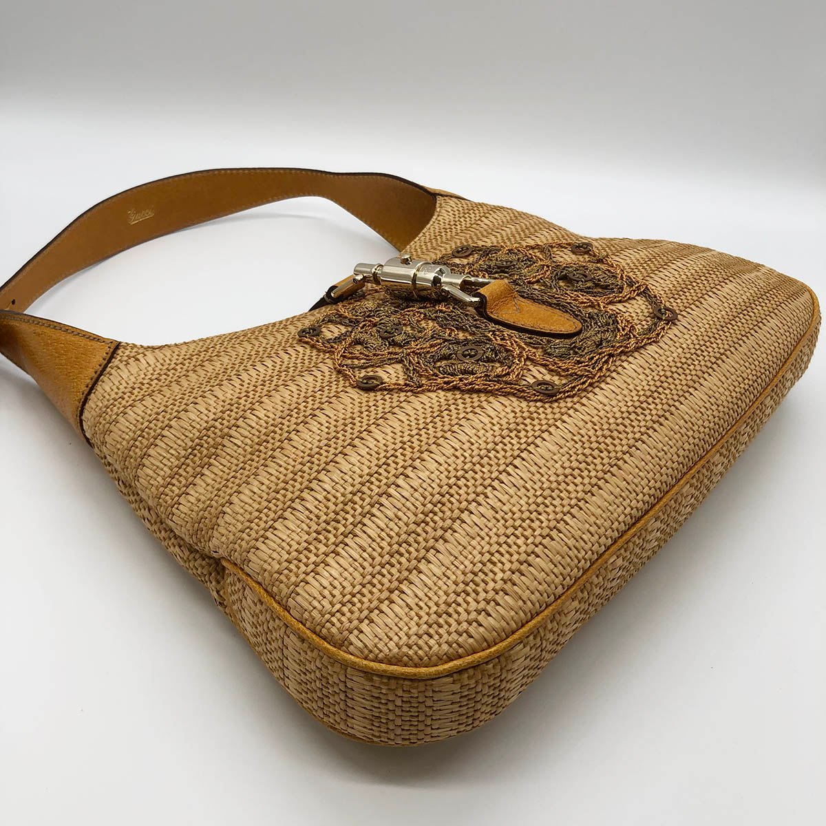Gucci 140040 New Jackie One-Shoulder Bag, Embroidered Straw Leather, Yellow, Beige, Orange