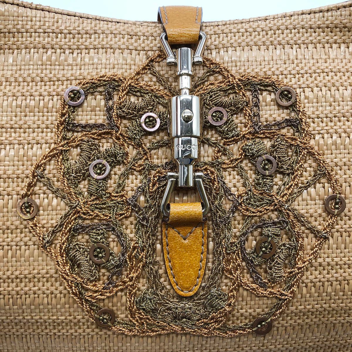 Gucci 140040 New Jackie One-Shoulder Bag, Embroidered Straw Leather, Yellow, Beige, Orange