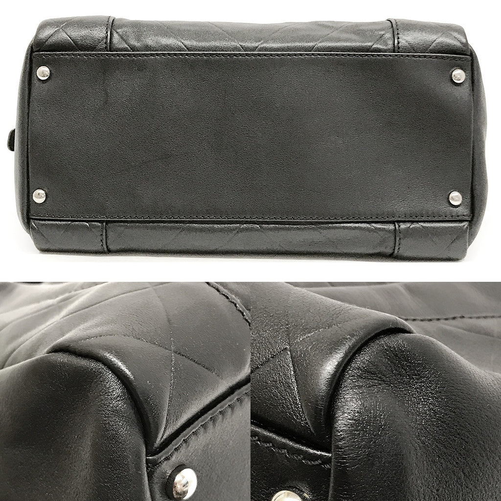 Used Chanel Mini Boston Handbag with Chevron and Coco Mark in Black Leather