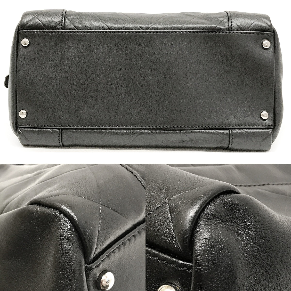Used Chanel Mini Boston Handbag with Chevron and Coco Mark in Black Leather