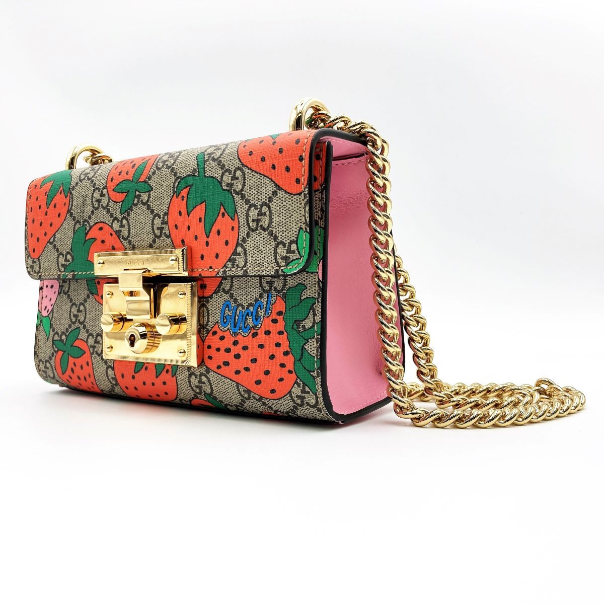 Gucci 409487 Shoulder Bag GG Supreme Strawberry Pattern Strawberry Red Pink Gold