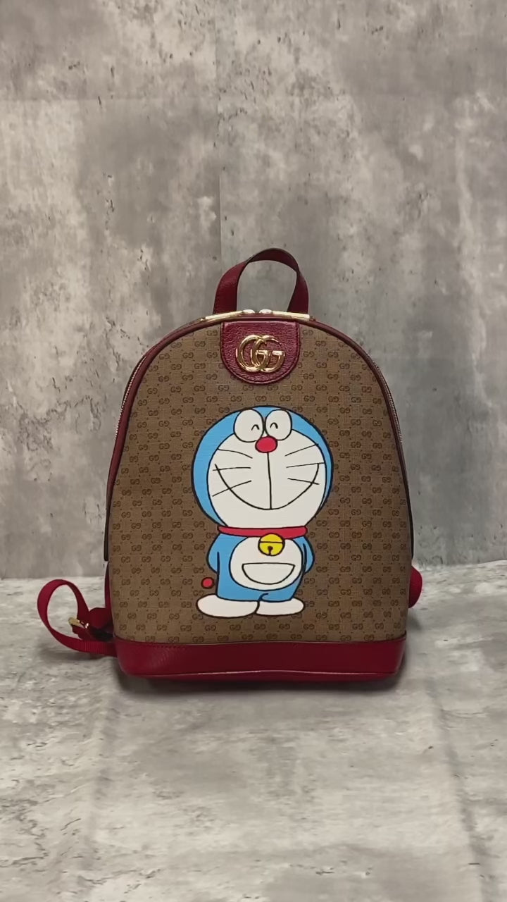 グッチ 647816 ドラえもんコラボレーション ミニバックパック GGスプリーム PVC x レザー ブラウン レッド【中古品】