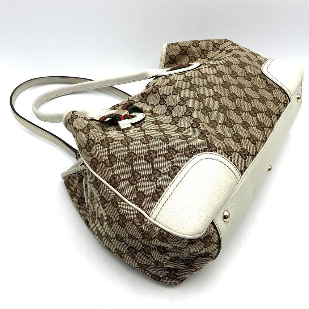 Gucci Princess 163805 Tote Bag, Sherry Line, Horizontal Shoulder Bag, GG Canvas, Brown/White