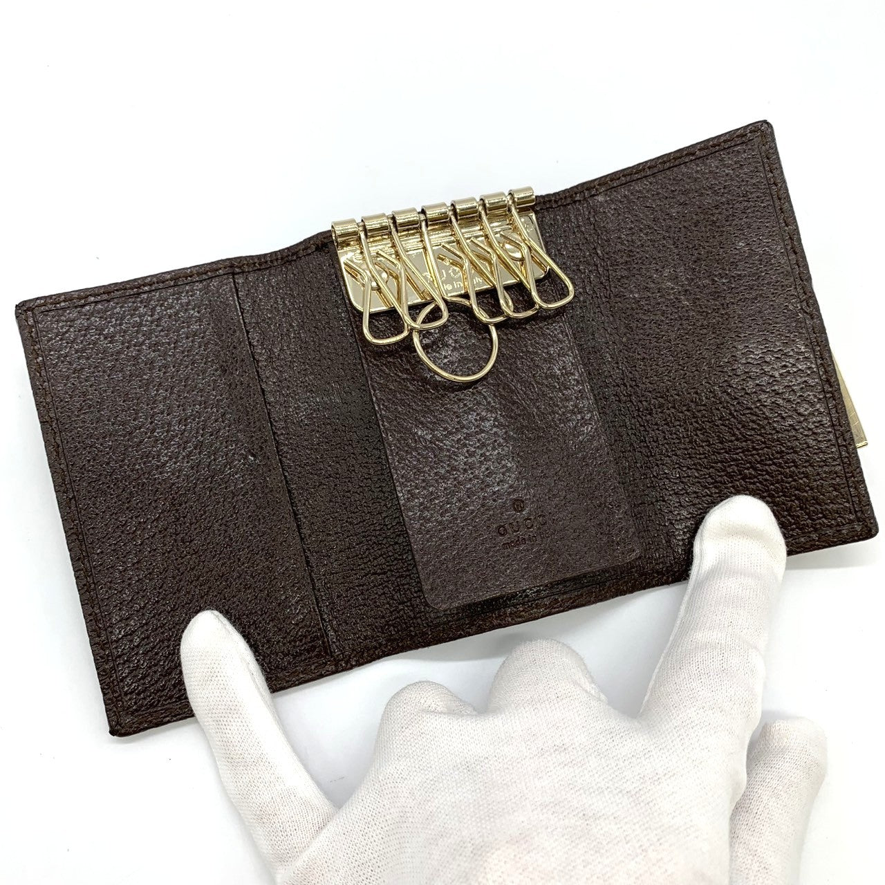 Gucci 181673 Key Case, Brown GG Canvas/Leather, Sherry Line