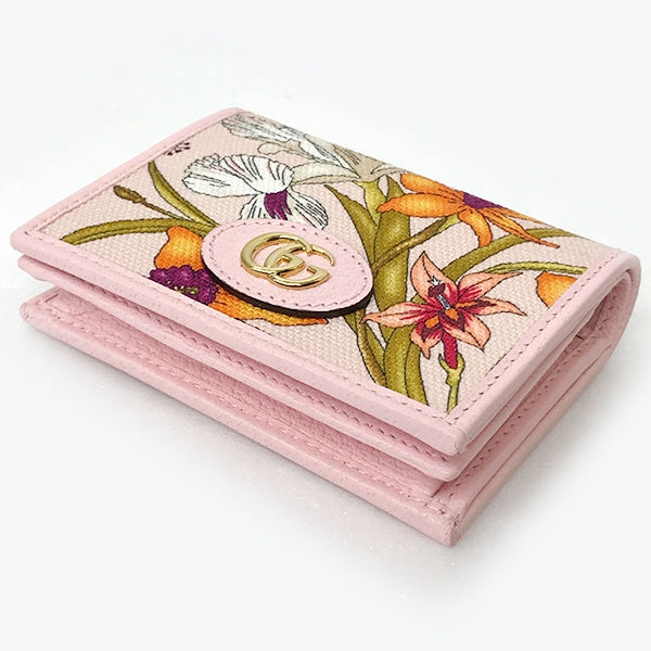 Unused/Boxed Gucci 577347 GG Marmont Flora Bifold Wallet with Coin Purse, Pink Canvas and Leather