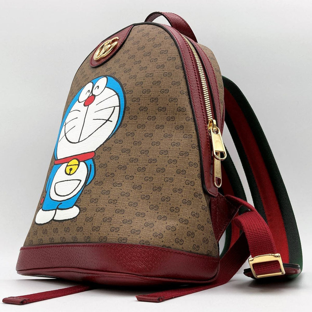 Gucci 647816 Doraemon Collaboration Backpack Mini GG Supreme PVC x Leather Brown Red