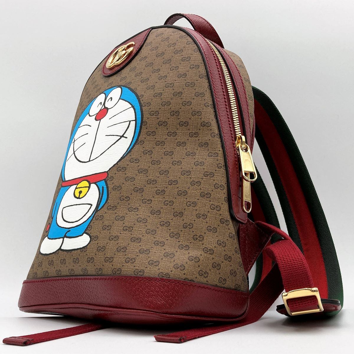 Gucci 647816 Doraemon Collaboration Backpack Mini GG Supreme PVC x Leather Brown Red
