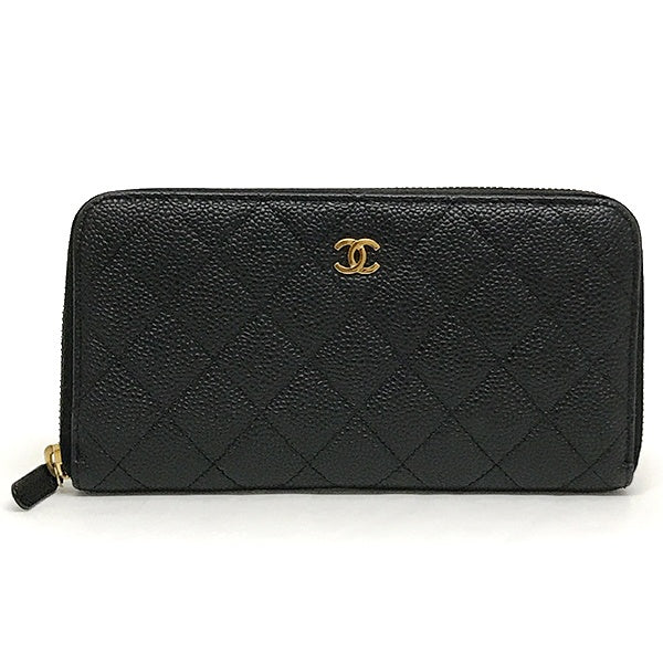 Chanel round zipper long wallet, full zip, Matelasse caviar skin, Coco mark, black leather