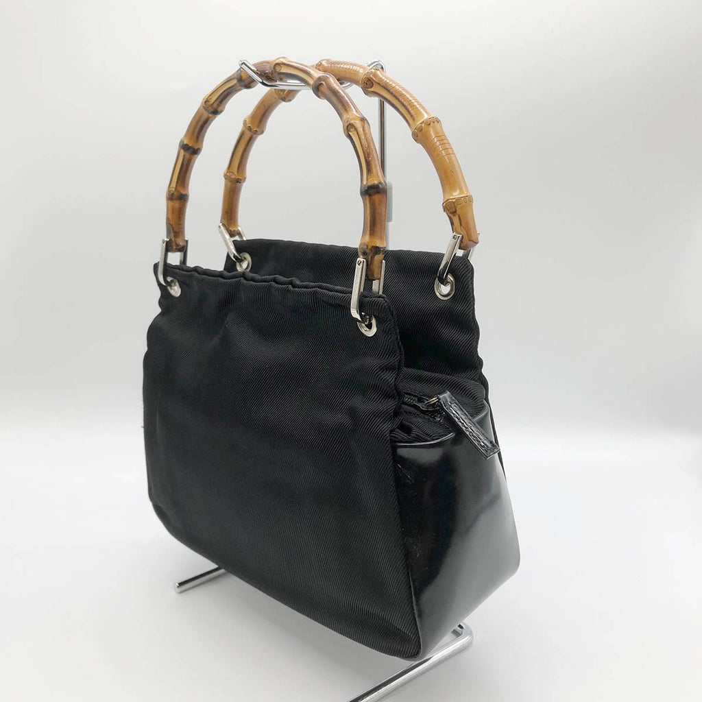 Gucci 0001014 Handbag Bamboo Old Gucci Nylon Leather Black