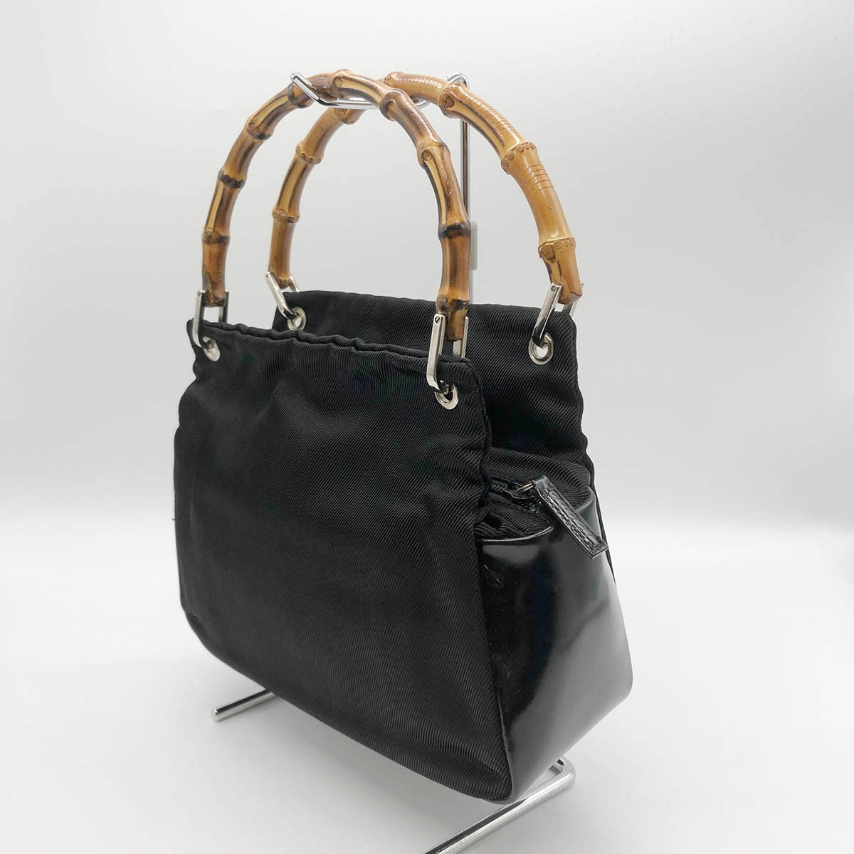 Gucci 0001014 Handbag Bamboo Old Gucci Nylon Leather Black