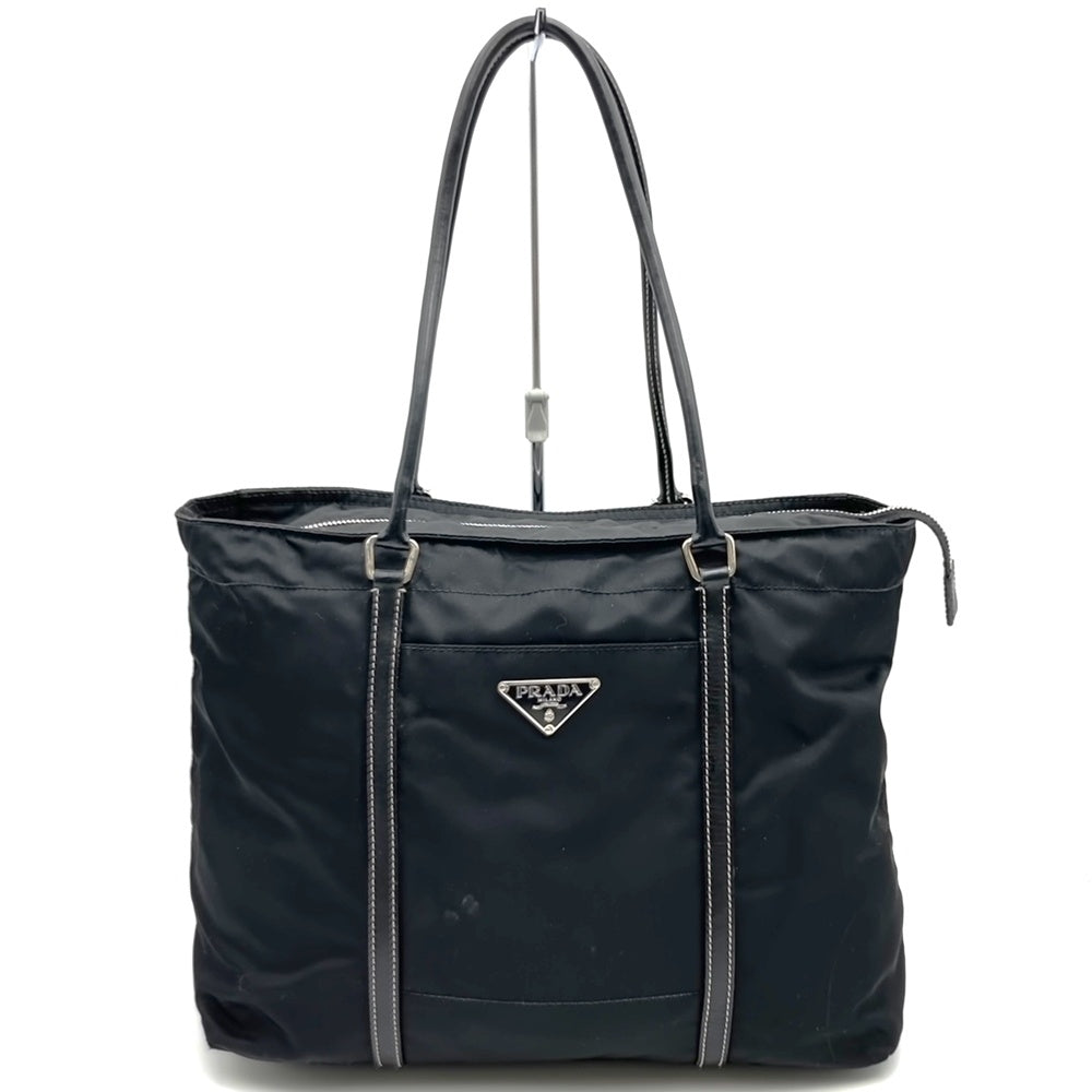Prada handbag tote bag with triangle logo in nylon/leather, black