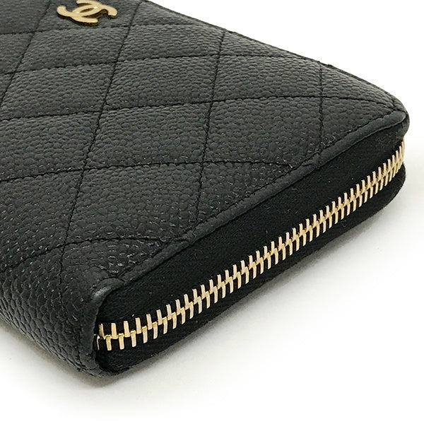 Chanel round zipper long wallet, full zip, Matelasse caviar skin, Coco mark, black leather