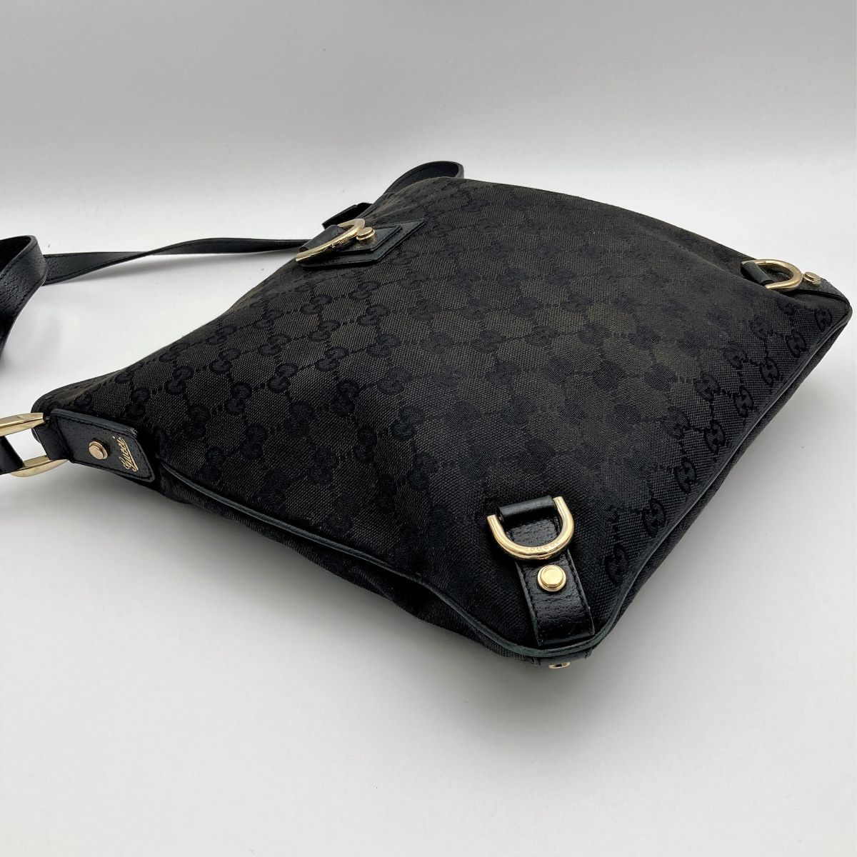 Gucci 131326 Crossbody Shoulder Bag, GG Canvas and Leather, Abbey Line, Thin, Square, Black