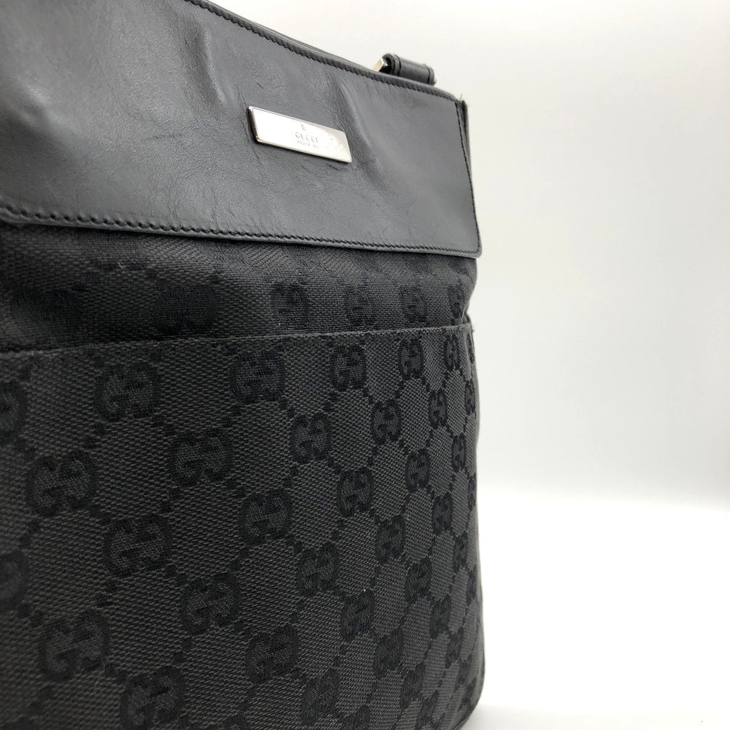 Gucci 27639 Slim Shoulder Bag, Crossbody, Black GG Canvas/Leather