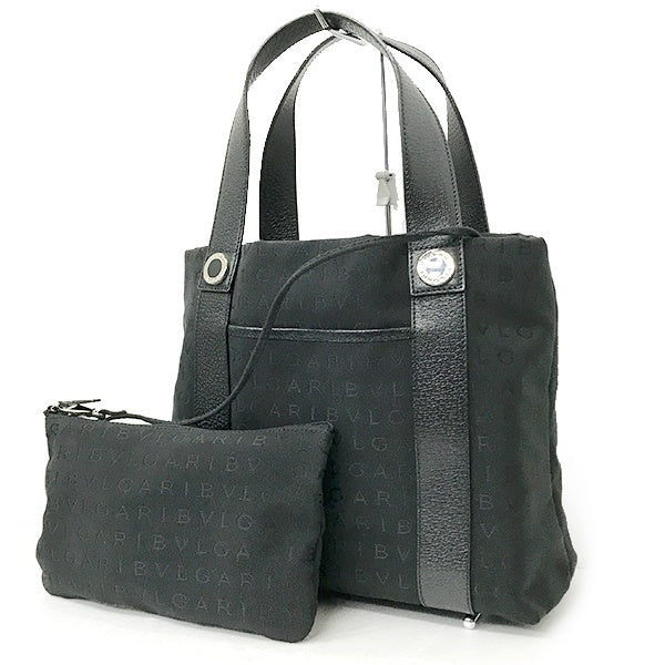 Bvlgari bag handbag tote bag black canvas and leather with pouch and logo