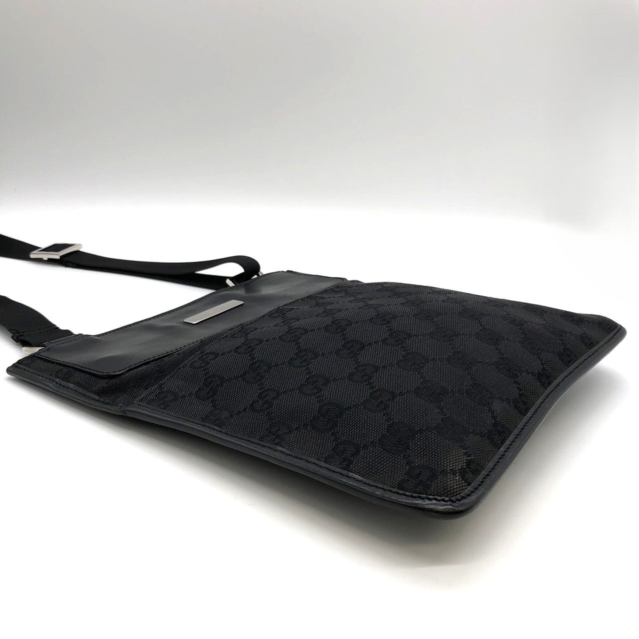Gucci 27639 Slim Shoulder Bag, Crossbody, Black GG Canvas/Leather