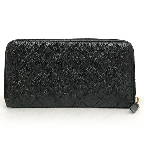 Chanel round zipper long wallet, full zip, Matelasse caviar skin, Coco mark, black leather