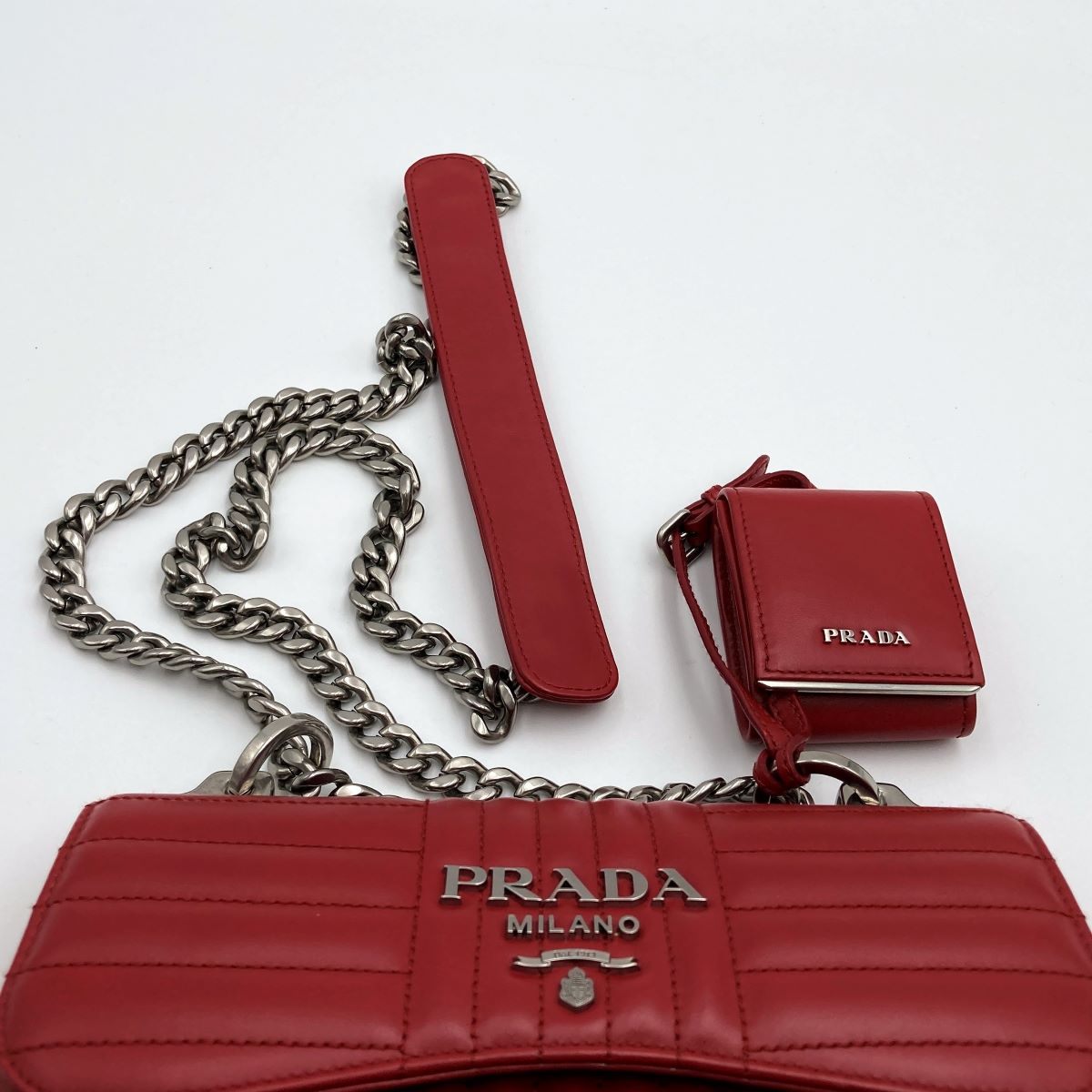 Prada Diagram Chain Shoulder Bag in Red Leather with Mini Pouch (Mirror)