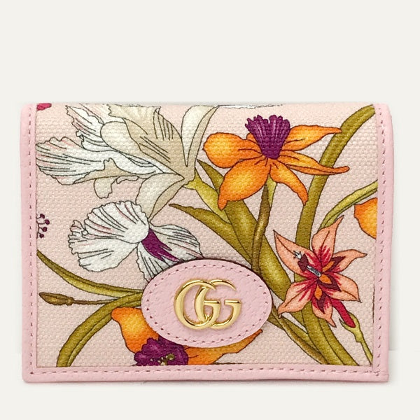 Unused/Boxed Gucci 577347 GG Marmont Flora Bifold Wallet with Coin Purse, Pink Canvas and Leather