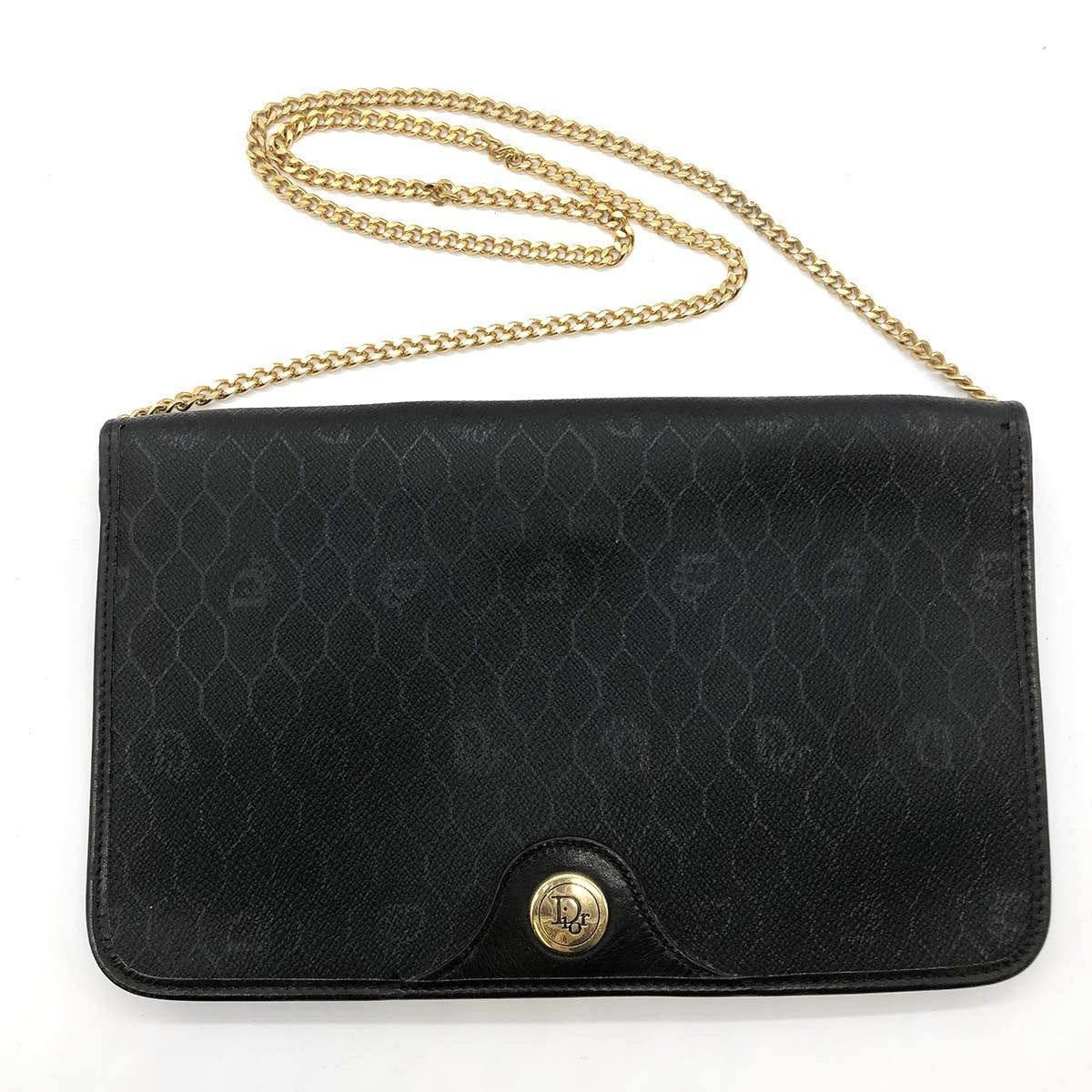 Dior Chain Shoulder Bag PVC Honeycomb Black Gold
